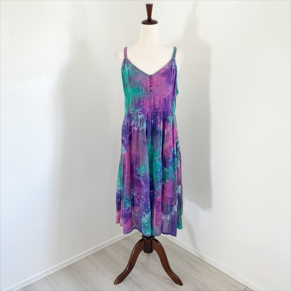 VTG Hibiscus Flower Dress Size Medium Purple Smocked Hawaiian Boho Peasant Fairy